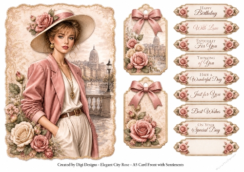 A5 Elegant City Rose Lady Quick Card with sentiments and Gift Tags 