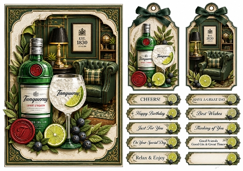 A5 Vintage Gin Club Quick Card with sentiments and Gift Tags 