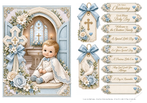 A5 Baby Boy Christening Quick Card with sentiments and Gift Tags 