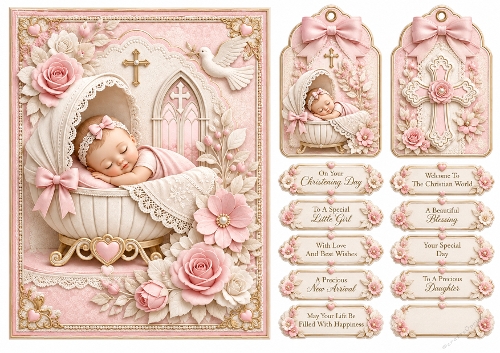 A5 Baby Girl Christening Quick Card with sentiments and Gift Tags 