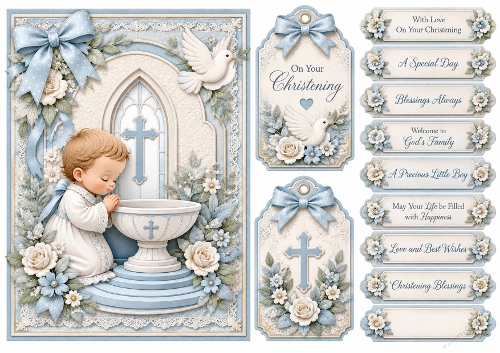 A5 Baby Boy Christening Quick Card with sentiments and Gift Tags 