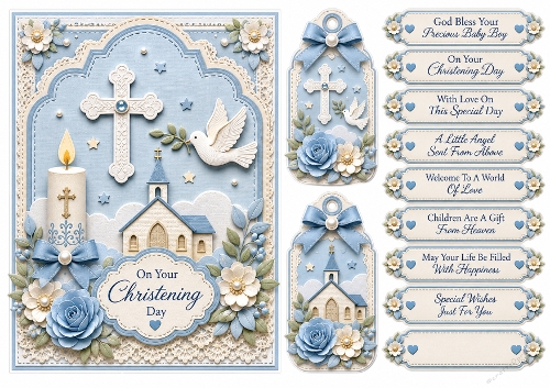 A5 Baby Boy Christening Quick Card with sentiments and Gift Tags 