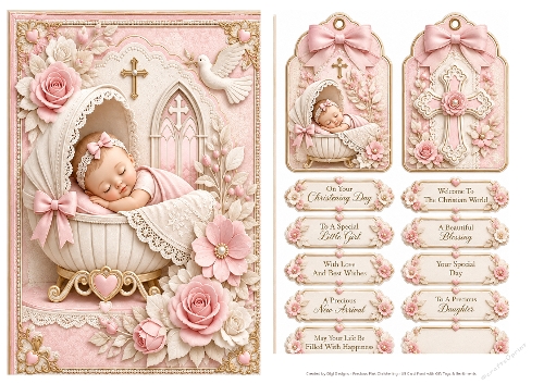 A5 Baby Girl Christening Quick Card with sentiments and Gift Tags 