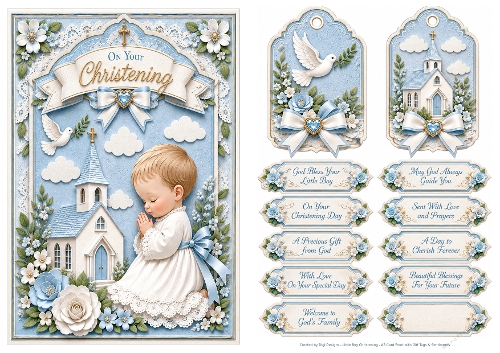 A5 Baby Boy Christening Quick Card with sentiments and Gift Tags 