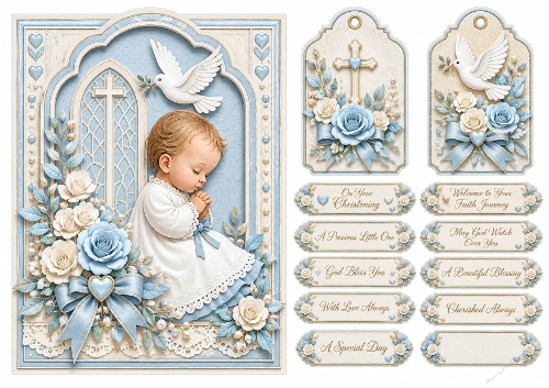 A5 Baby Boy Christening Quick Card with sentiments and Gift Tags 