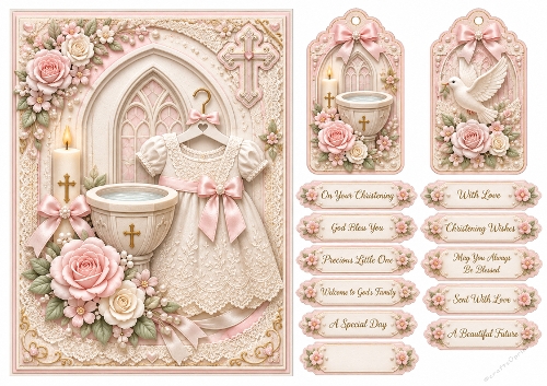 A5 Baby Girl Christening Quick Card with sentiments and Gift Tags 