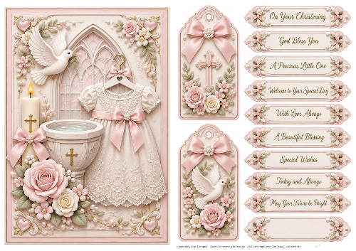 A5 Baby Girl Christening Quick Card with sentiments and Gift Tags 