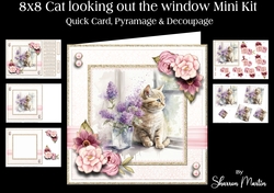 8x8 Cat looking out the window Mini Kit - Decoupage, & Pyramage - x5 A4 sheets