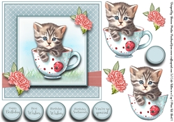 7x7 Cute Kitten in a cup 1 Card Front, Decoupage & Sentiments