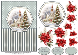 A5 Winter Church Scene 8 Card Front, Topper and Floral Decoupage