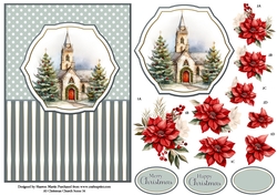 A5 Winter Church Scene 34 Card Front, Topper and Floral Decoupage