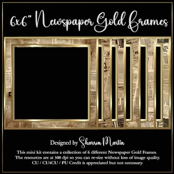 6x6 Newspaper Frames with Gold - x6 Frames in PNG & JPEG