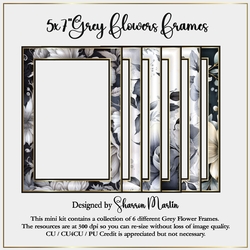 5x7 Grey Flowers Frames (Rectangle) - x6 Frames in PNG