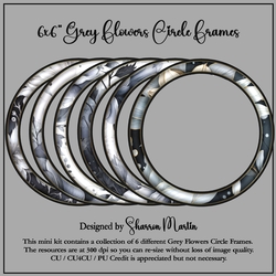 6x6 Grey Flowers Circle Frames - x6 PNG
