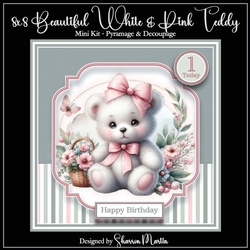 8x8 Beautiful White & Pink Teddy Mini Kit - x5 A4 Sheets Pyramage & x2 Decoupage Layers