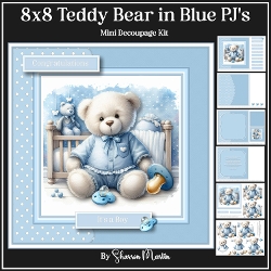 8x8 Teddy Bear in Blue PJs Mini Decoupage Kit - x6 A4 Sheets 