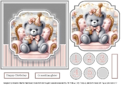 7x7 Pink & Grey Teddy - Quick Card with Topper, Sentiments & Numbers T7