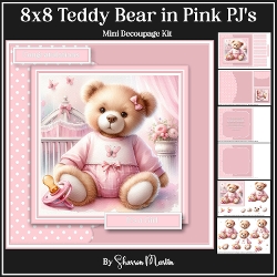 8x8 Teddy Bear in Pink PJs - Mini Decoupage Kit - x6 A4 Sheets