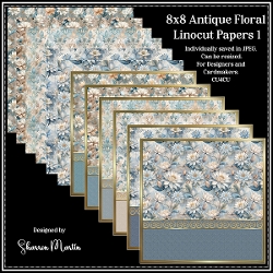 8x8 Antique Floral Linocut Card Fronts & Matching Papers 1