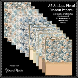 A5 Antique Linocut Floral Card Fronts & Matching Papers 1