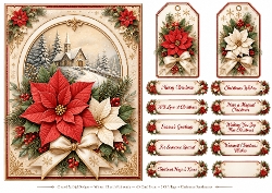 A5 Vintage Christmas Poinsettia - Quick Card Front, Gift Tags and sentiments 