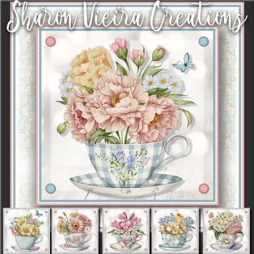 The Vintage Floral Teacup Complete  6 Topper Card Kit