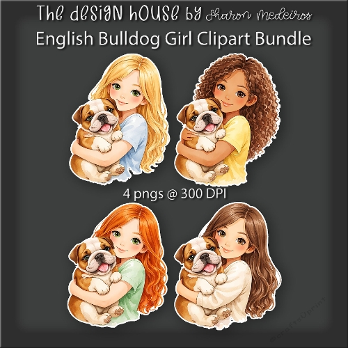 English Bulldog  Girl Clipart Collection