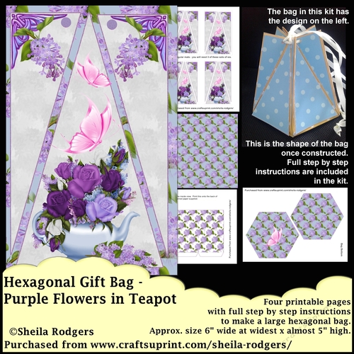 HEXAGONAL GIFT BAG - PURPLE FLOWERS IN TEAPOT
