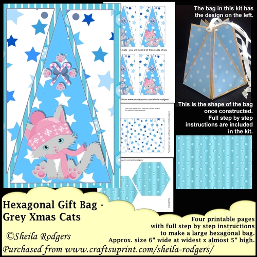 HEXAGONAL GIFT BAG - GREY XMAS CATS