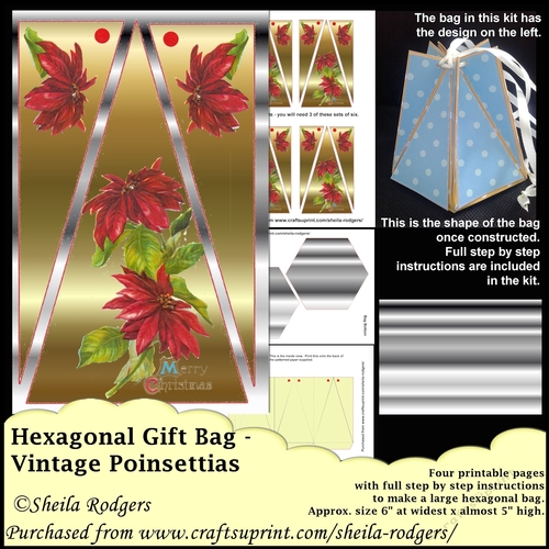 HEXAGONAL GIFT BAG - VINTAGE POINSETTIAS