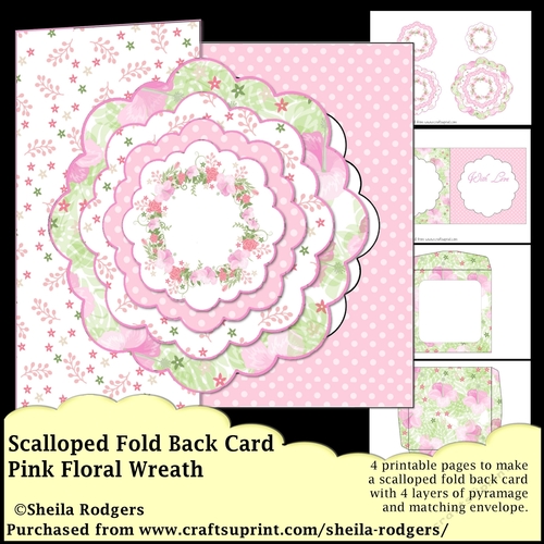 Scalloped Fold Back Card - Pink Floral Wreath