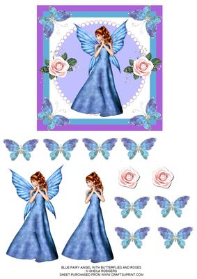 Blue Fairy Angel with Butterflies and Roses