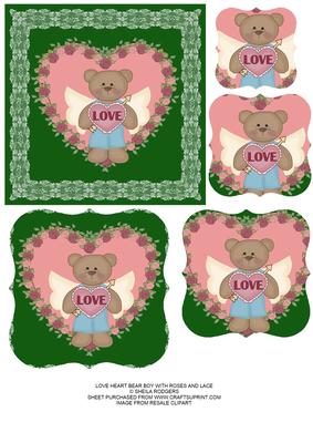 Love Heart Bear Boy with Roses and Lace