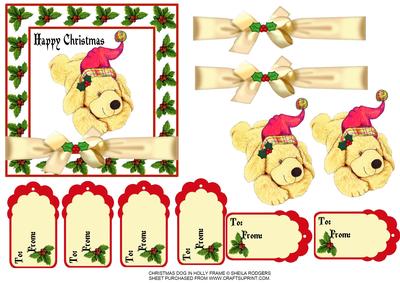 Christmas Dog in Holly Frame