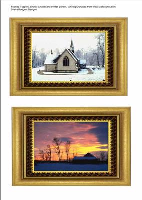 Framed Toppers, Snowy Church and Winter Sunset.