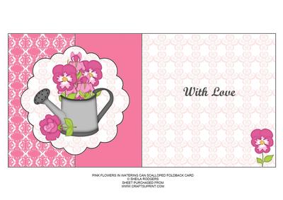 Pink Flowers in Watering Can Scalloped Foldback Card