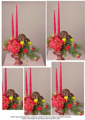 Xmas Table Decoration, Candles, Roses, Fruit.