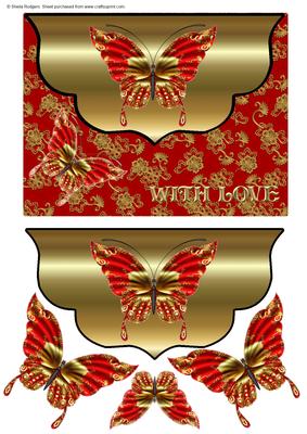 Envelope Card - Red and Gold Butterflies