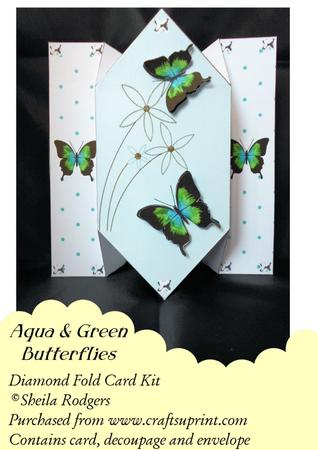 Aqua & Green Butterflies - Diamond Fold Card