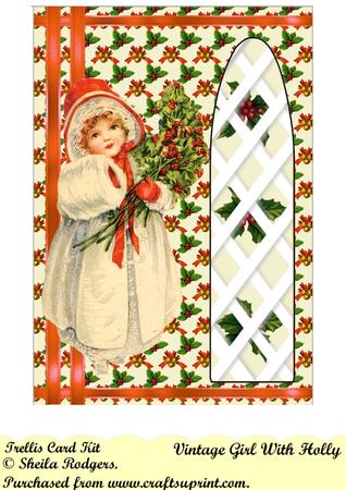 Vintage Girl with Holly Side Trellis Card