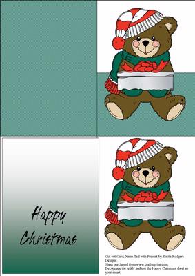 Cut Out Card, Xmas Ted with Present