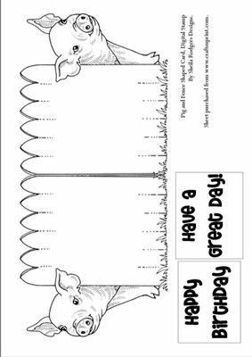 Pig and Fence Shaped Card, Digital Stamp