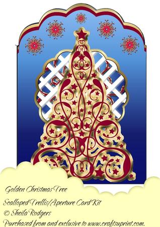 Golden Christmas Tree Scalloped Trellis/aperture Card Kit