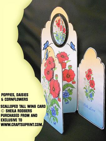Scalloped Tall Wing Card - Poppies, Daisies & Cornflowers