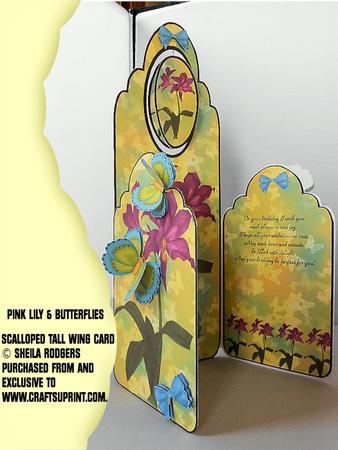 Scalloped Tall Wing Card - Pink Lily & Butterflies