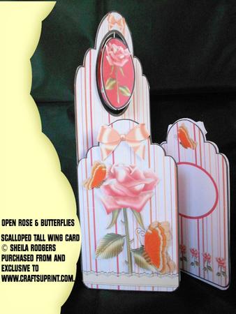 Scalloped Tall Wing Card - Open Rose & Butterflies