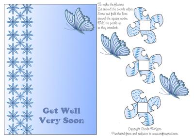 Folded Flower Card - Blue Flowers Get Well Soon
