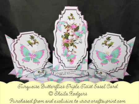 Triple Twist Easel Card - Turquoise Butterflies