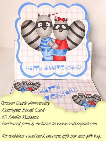 Scalloped Easel Card - Raccoon Couple Anniversary