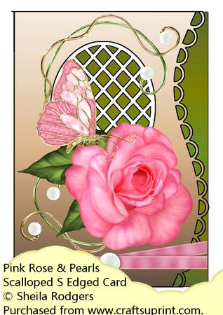 Scalloped S Edged Card - Pink Rose & Pearls